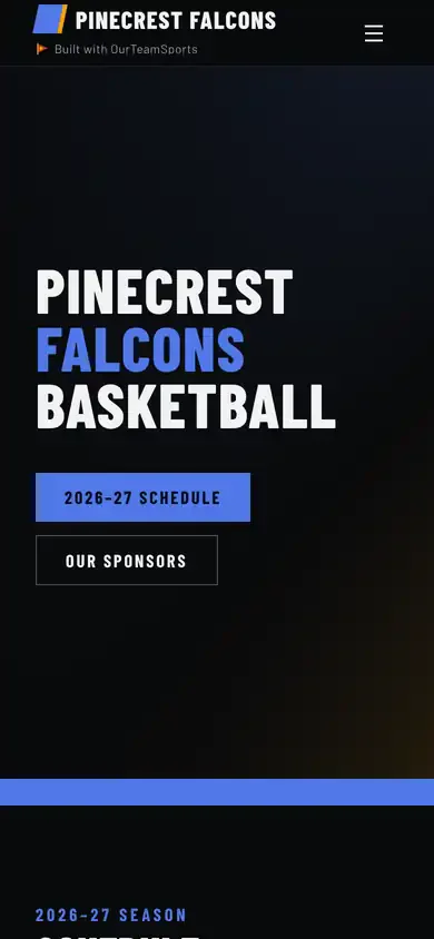 The public home page of a demo team site, Pinecrest Falcons Basketball, on a phone, with buttons for the 2026-27 schedule and sponsors