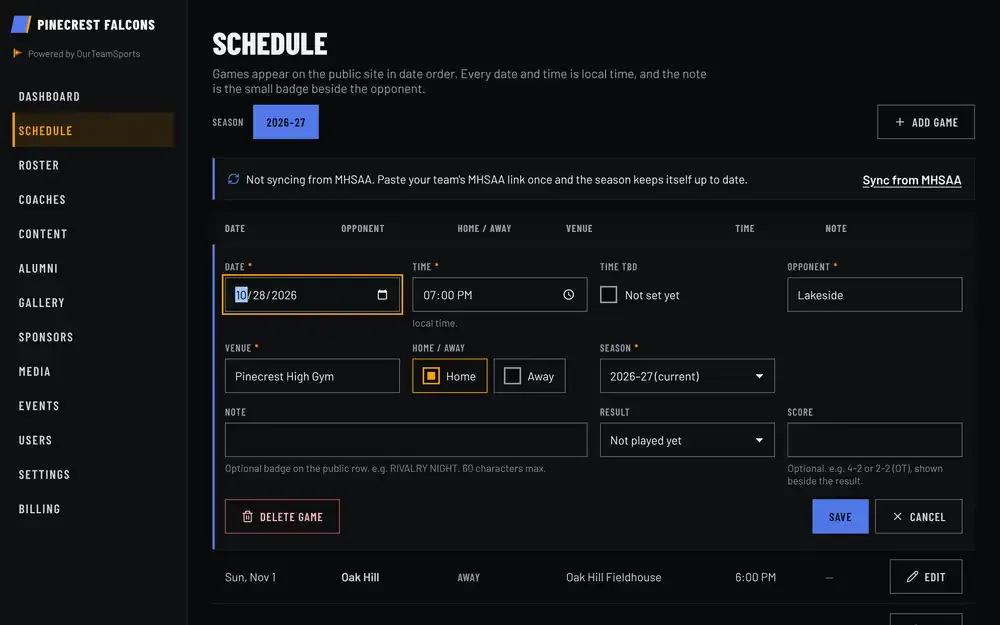 Editing a game in the OurTeamSports admin for the demo team Pinecrest Falcons: date, time, opponent, venue and home or away on one form